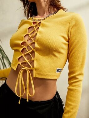 The Ragged Priest Lace-Up Ribbed Top - Yellow Open Front Long Sleeve Tee